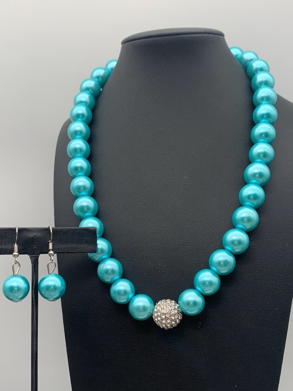 Turquoise faux Glass Pearl Necklace & Earring Set with Pave Bead Accent 16-18”